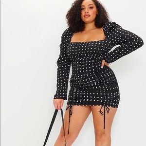 Pretty little thing plus black polka dot puff sleeve ruched detail dress